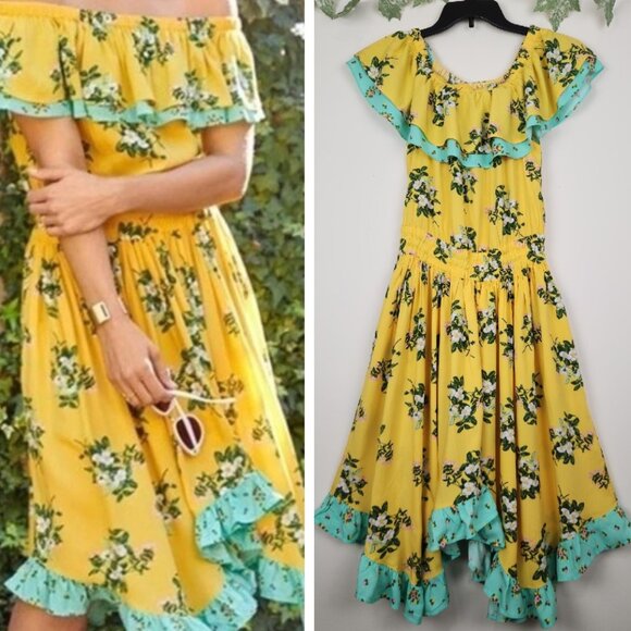 Matilda Jane Size XS Yellow Floral Ruffle Off the Shoulder Dress w/ Pockets NWT - Picture 1 of 7